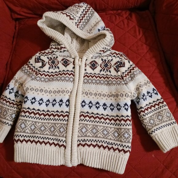 Fleece Lined Knit Hooded Sweater Size 9 Mo. - Picture 1 of 5